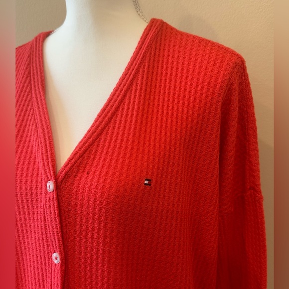 Tommy Hilfiger Red Waffle Knit Button Front Cardigan Sweater Size Medium - Picture 4 of 8